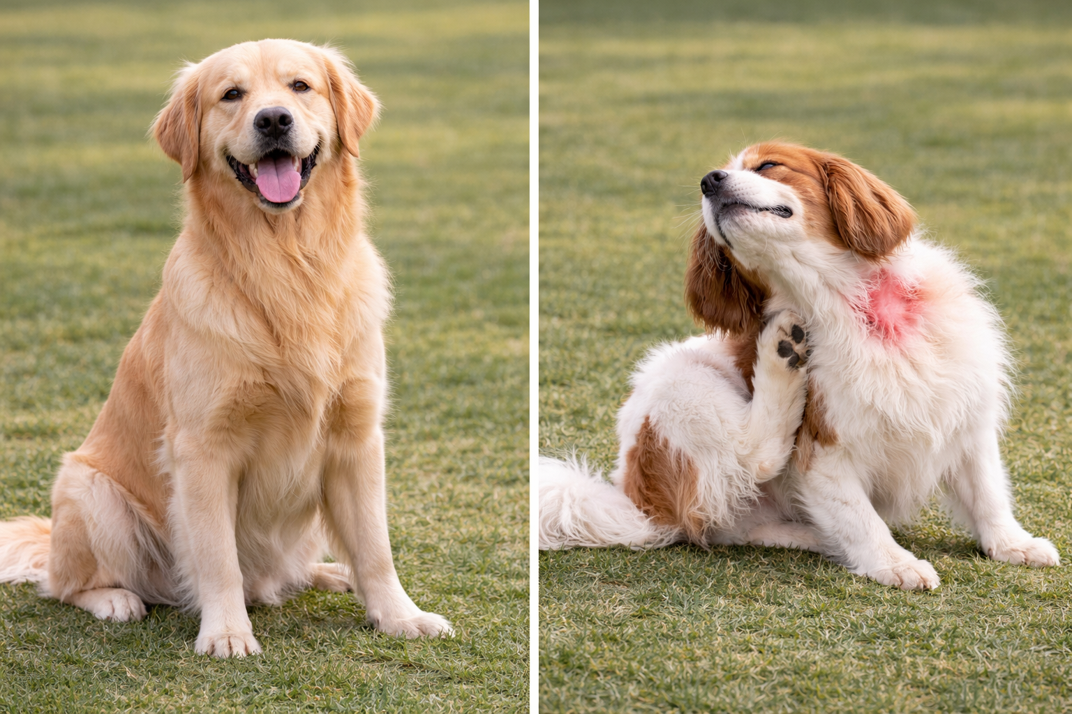 Cachorro saudavel, e cachorro se coçando.